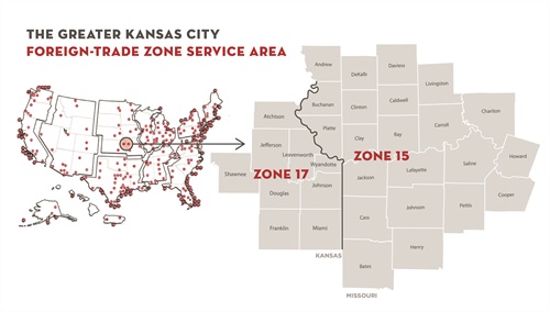 2024 Foreign Trade Map  Map of the United States depicting all foreign trade zones, with a map depicting the two zones in the Kansas City region and the counties they encompass